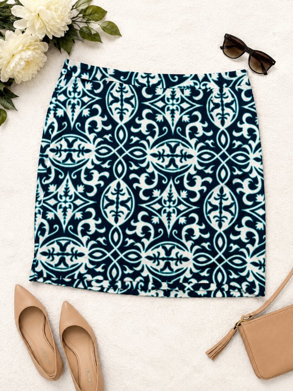 INC International Concepts Size 22W Navy Aqua Print Pencil Skirt Plus Size